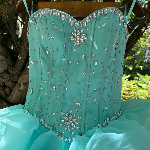 Turquoise Strapless Ruffled Gown - Picture 2 of 5